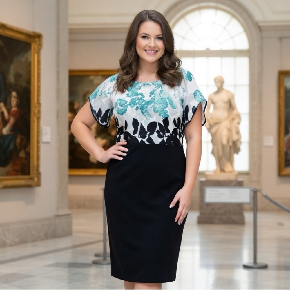 Elena Miro Black and Green Floral Midi Dress